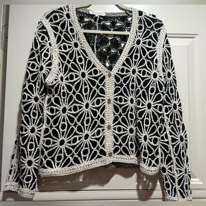 Elegant Black and Beige Crochet Floral Cardigan/Topper Medium